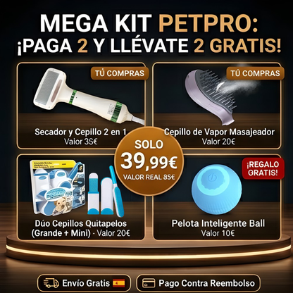 Consigue el MEGA KIT 4 EN 1 definitivo para mantener tu hogar sin pelos y a tu mascota feliz, limpia y libre de estrés.