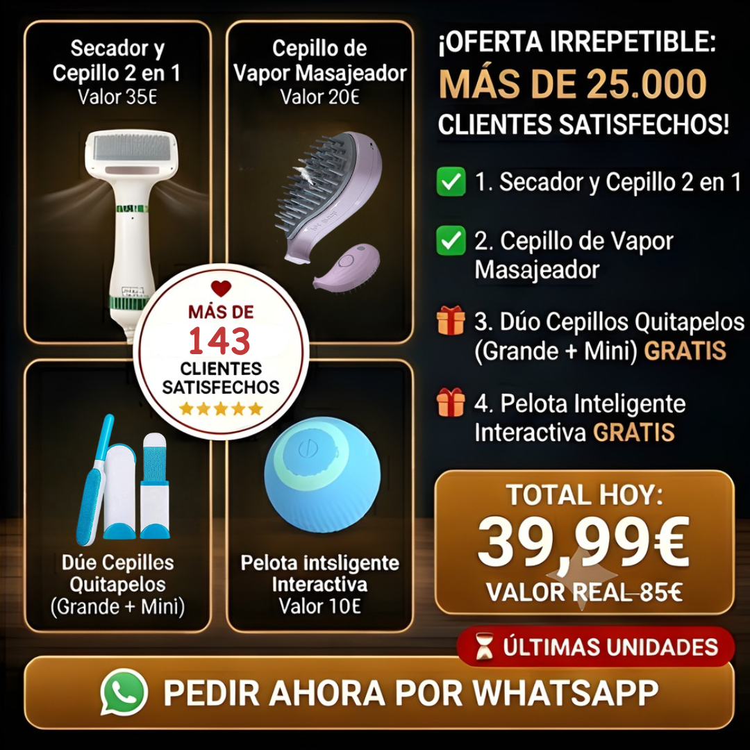 Consigue el MEGA KIT 4 EN 1 definitivo para mantener tu hogar sin pelos y a tu mascota feliz, limpia y libre de estrés.